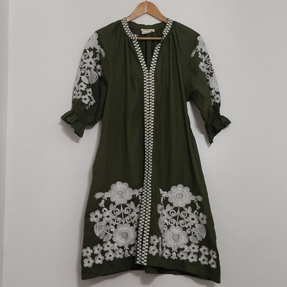 Olive Green Embroidered Mini Dress with White Floral Detail